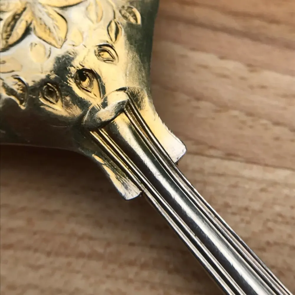 2 W. A. Sheffield KING Silverplate Gold Wash Jelly Spoons - fruit embossed